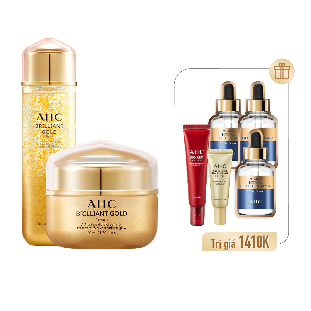 [Quà Tặng 1Tr4] Bộ Đôi Toner Và Kem Dưỡng Chống Lão Hóa Chuyên Sâu Vàng 24K Ahc Brilliant Gold (Tặng 2 Kem Mắt + 3 Mặt Nạ)