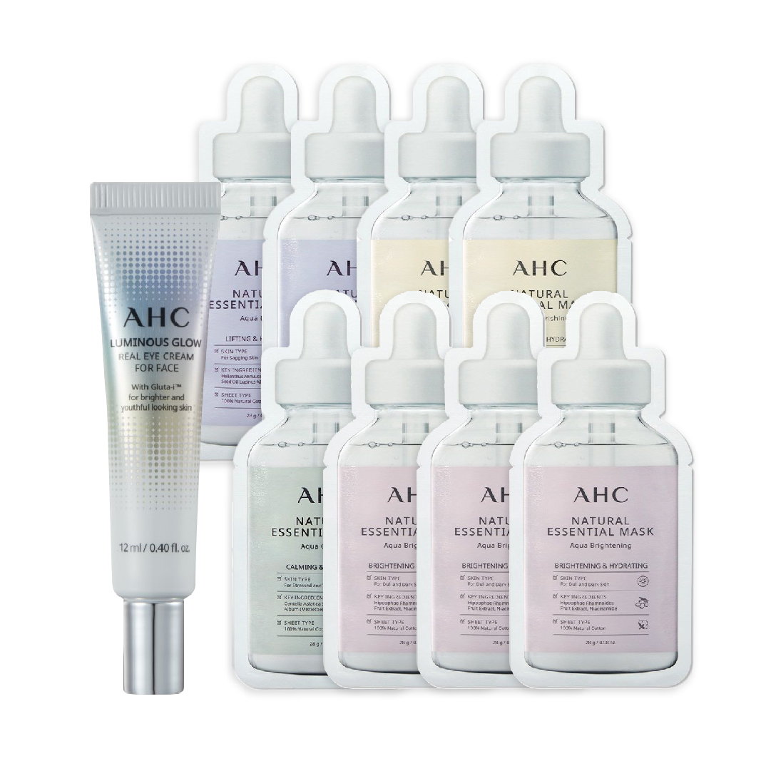 Combo 08 Miếng Mặt Nạ Dưỡng Da Cấp Ẩm Ahc Ahc Natural Essential Mask Aqua (8 Miếng Nhiều Loại + Kem Dưỡng Mắt)
