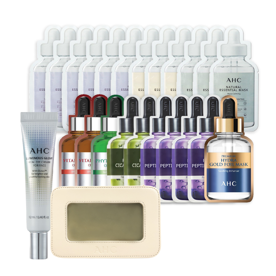 Combo Mix 22 Miếng Mặt Nạ Dưỡng Ẩm Phục Hồi Da Chuyên Sâu Ahc (22 Miếng Nhiều Loại + Kem Dưỡng Mắt + Túi Đựng Mỹ Phẩm)