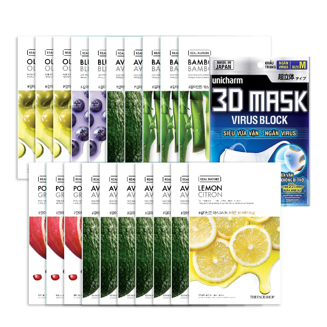 Combo Mix 20 Mặt Nạ Giấy Dưỡng Ẩm Sâu Thefaceshop Real Nature (Tặng Khẩu Trang Y Tế Unicharm)
