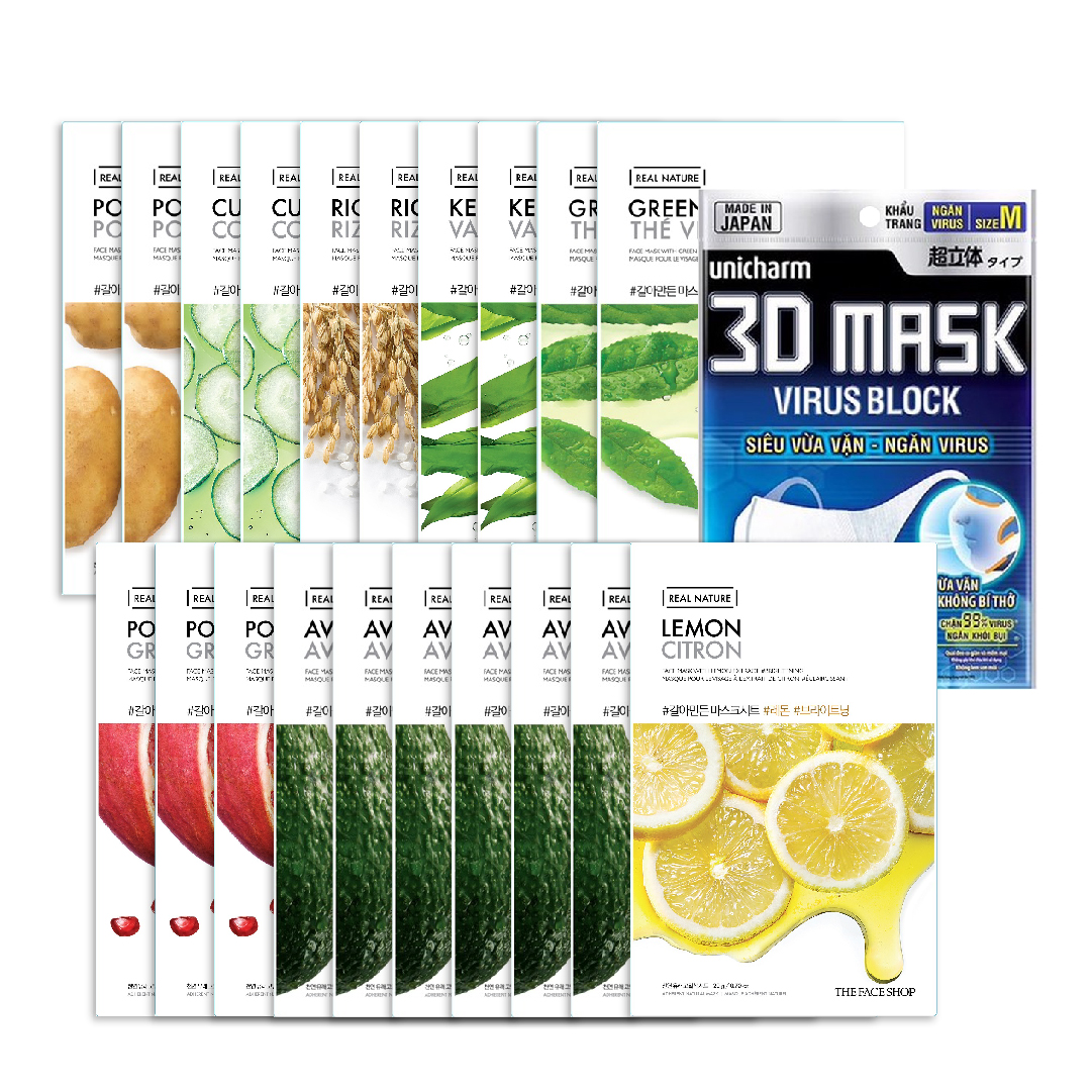Combo Mix 20 Mặt Nạ Giấy Dưỡng Ẩm Làm Sáng Da Thefaceshop Real Nature (Tặng Khẩu Trang Y Tế Unicharm)