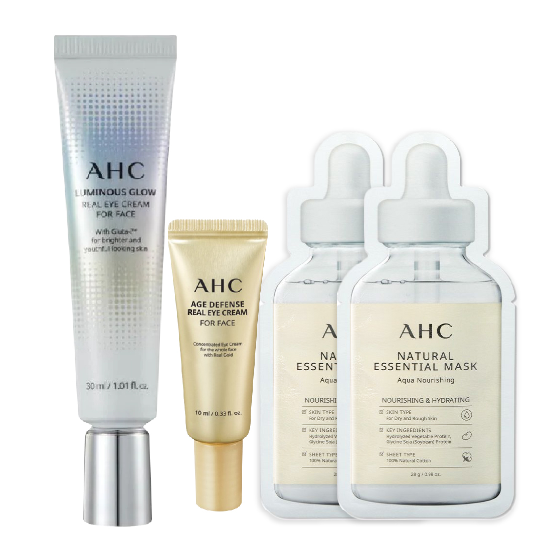 Combo Kem Mắt Ahc Luminous Glow Real Eye Cream For Face 30Ml (Tặng Kem Mắt Ahc Age Defense 10Ml + Mặt Nạ Ahc Natural Essential)