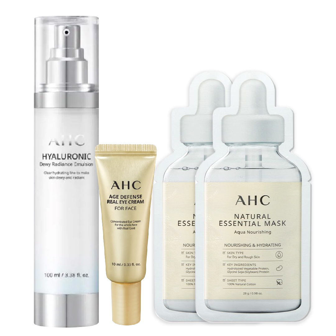 Combo Sữa Dưỡng Ẩm Làm Sáng Da Ahc Hyaluronic Dewy Radiance Emulsion 100Ml (Tặng Kem Mắt Ahc Age Defense 10Ml + Mặt Nạ Ahc Natural Essential)