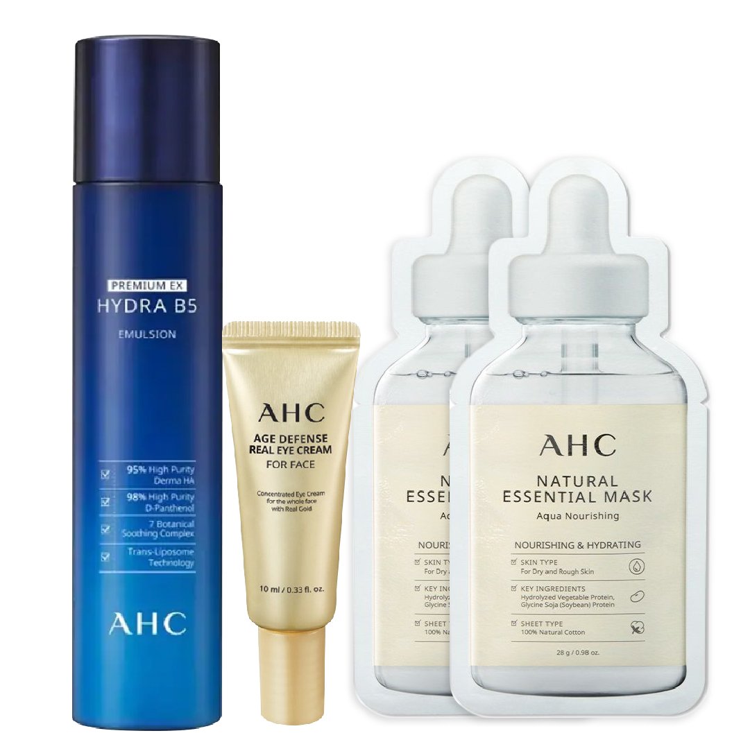 Combo Sữa Dưỡng Cấp Ẩm Ahc Premium Ex Hydra B5 Emulsion 140Ml (Tặng Kem Mắt Ahc Age Defense 10Ml + Mặt Nạ Ahc Natural Essential)
