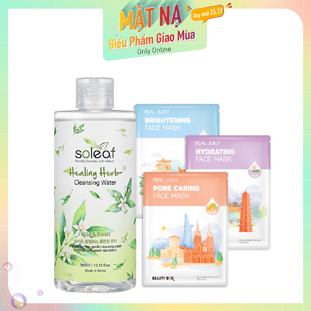 Combo Mặt Nạ & Nước Tẩy Trang Soleaf Healing Herb Cleansing Water