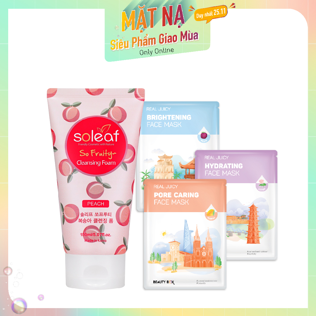 Combo Mặt Nạ & Sữa Rửa Mặt Trái Cây Soleaf So Fruity Peach Cleansing Foam
