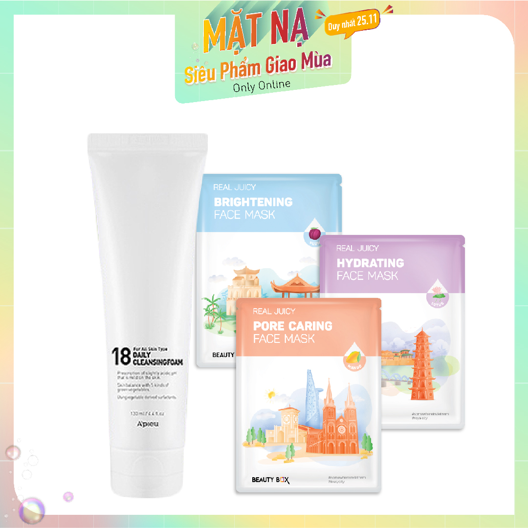 Combo Mặt Nạ & Sữa Rửa Mặt Dịu Nhẹ A'pieu 18 Daily Cleansing Foam 130Ml