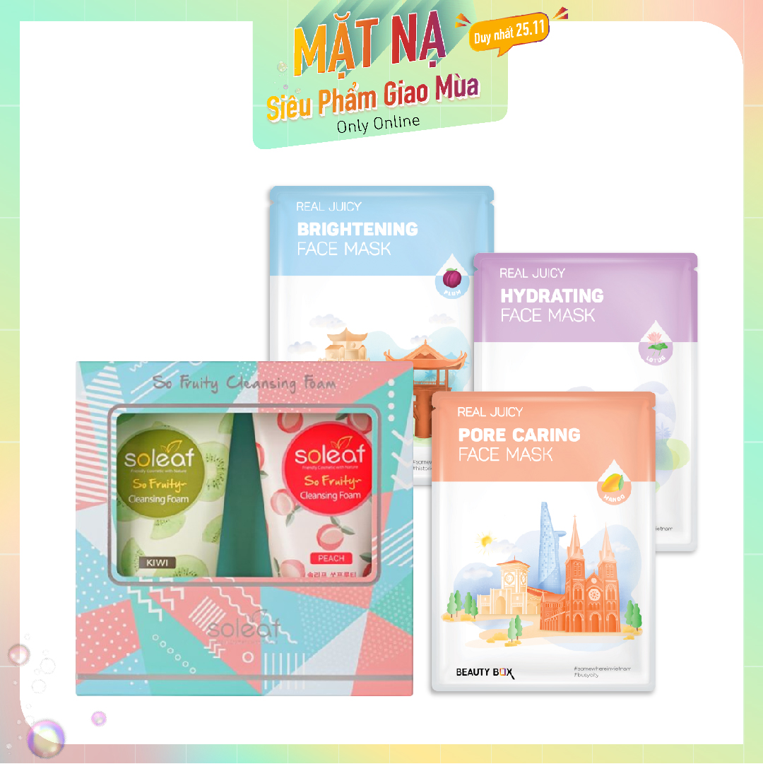 Combo Mặt Nạ & Bộ Sữa Rửa Mặt Soleaf So Fruity Cleansing Foam Set