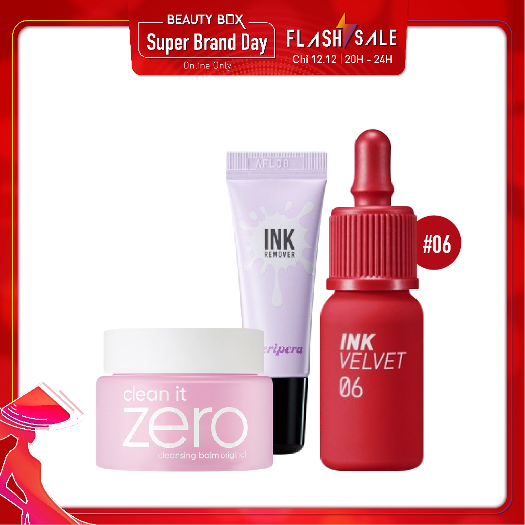 Combo Tẩy Trang & Son Tint Hiệu Ứng Nhung Mịn Peripera Ink Velvet 06 Purdy Red