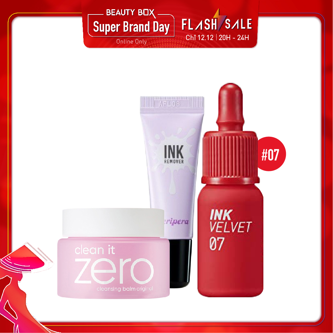 Combo Tẩy Trang & Son Tint Hiệu Ứng Nhung Mịn Peripera Ink Velvet 07 Girlish Red