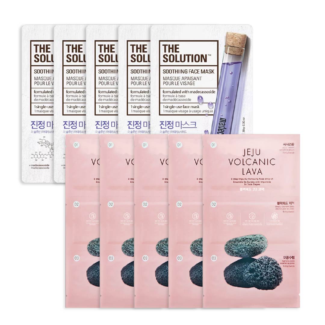 [5 Tặng 5] Combo 10 Mặt Nạ Làm Sạch Mụn Đầu Đen Vùng Mũi Jeju Volcanic & Mặt Nạ Làm Dịu Da Solution Soothiing