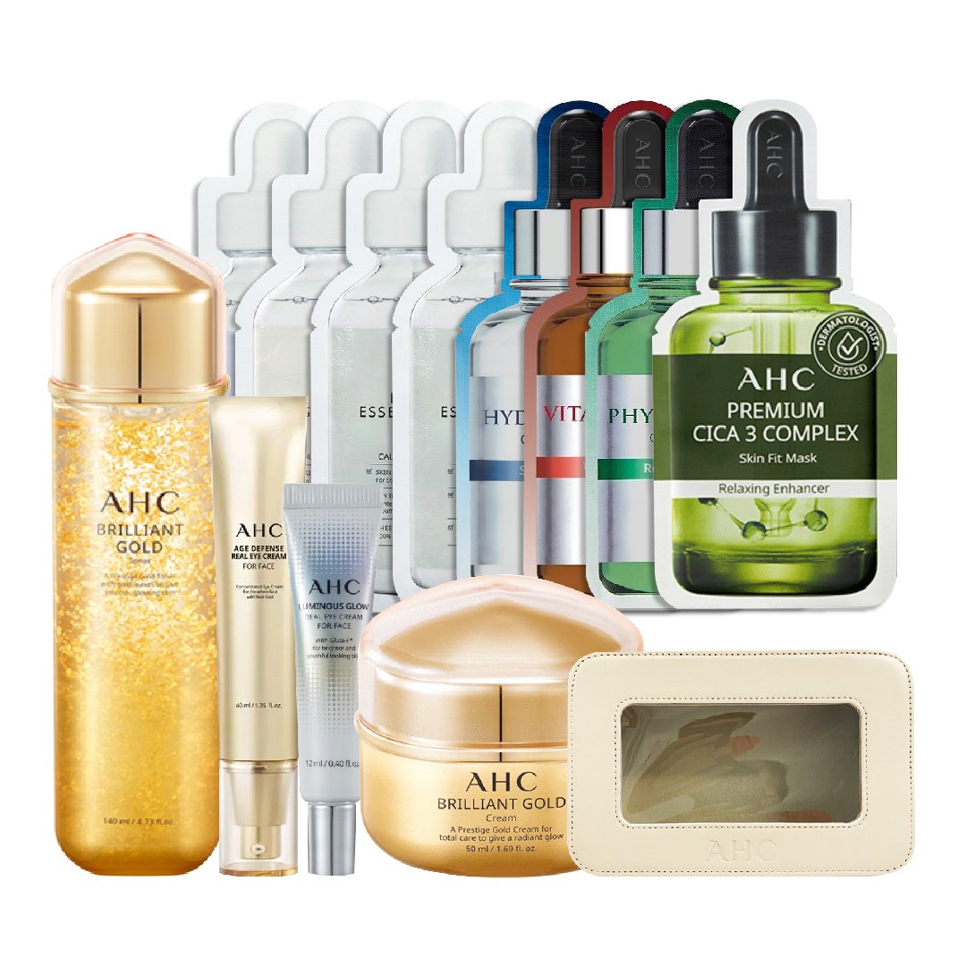 Bộ Đôi Toner Và Kem Dưỡng Chống Lão Hóa Da Chuyên Sâu Ahc Brilliant Gold (Tặng Kem Mắt + 8 Mặt Nạ + Túi Đựng Mỹ Phẩm)
