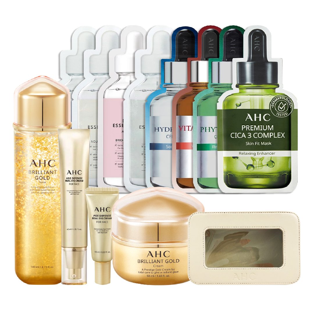 Bộ Dưỡng Chống Lão Hóa Da Chuyên Sâu Ahc Brilliant Gold (Tặng Kem Mắt + 8 Mặt Nạ + Túi Đựng Mỹ Phẩm)