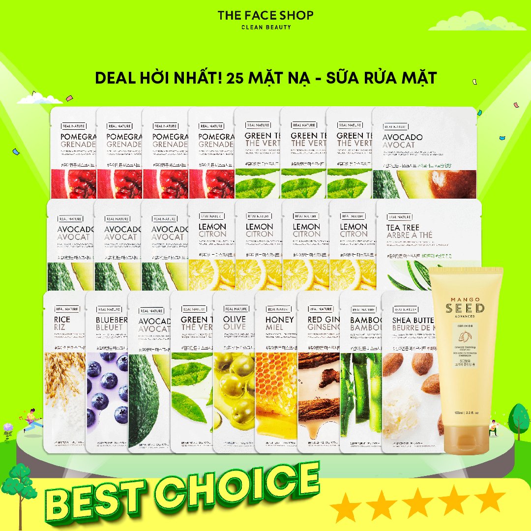 T36_Deal Hời Nhất! Combo 25 Mặt Nạ Dưỡng Da Quốc Dân Real Nature 20G & 1 Sữa Rửa Mặt Dưỡng Ẩm Mango Seed Creamy 100Ml