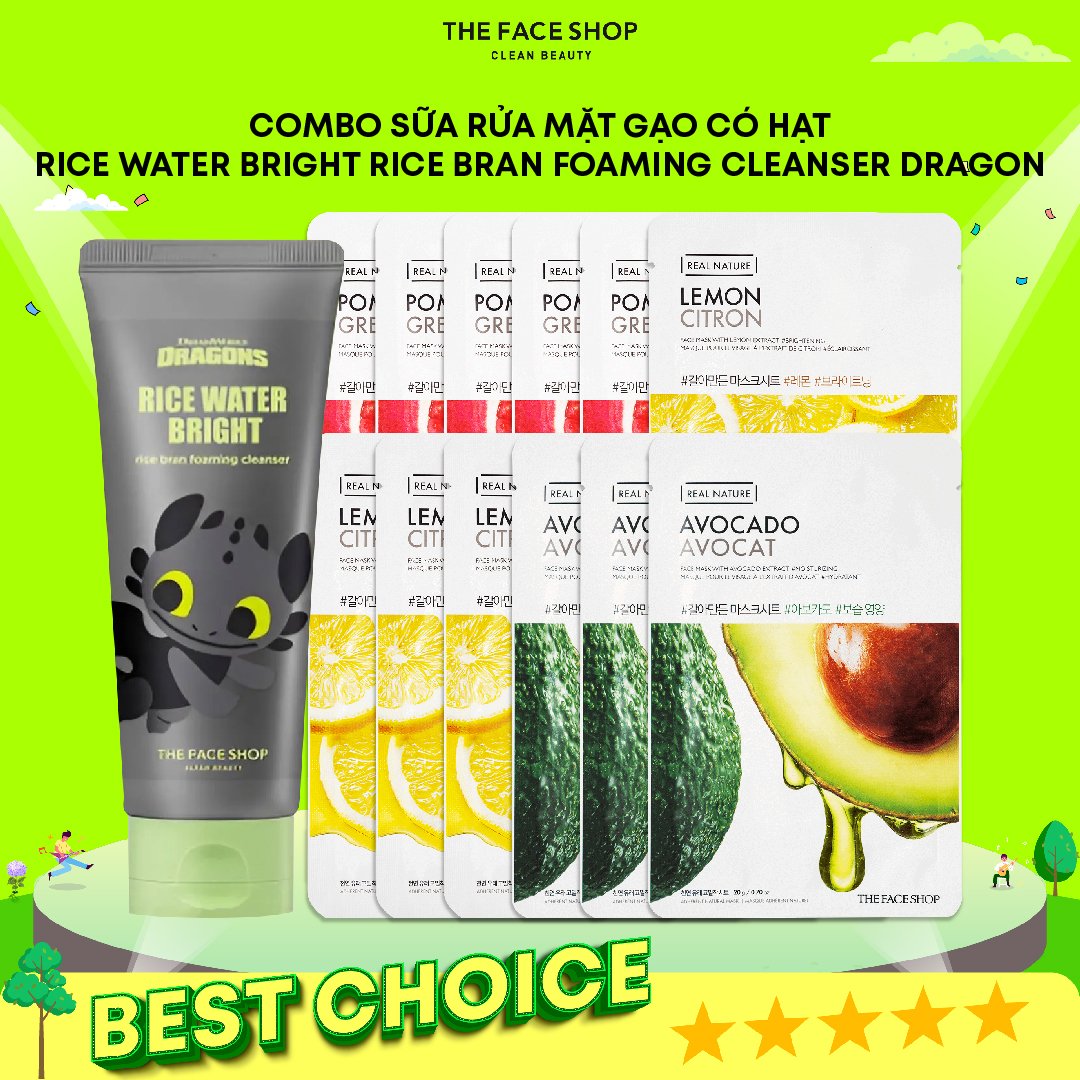 T06_Combo Sữa Rửa Mặt The Face Shop Làm Sạch Sâu Rice Water Bright Rice Bran Foaming Cleanser 150Ml & 12 Mặt Nạ Dưỡng Ẩm Da Hàng Ngày Dành Cho Mọi Loại Da Real Nature