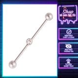  Khuyên tai industrial xỏ tai dài 2 lỗ thép titan đính đá 