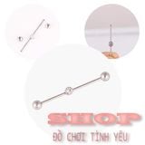  Khuyên tai industrial xỏ tai dài 2 lỗ thép titan đính đá 