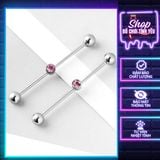  Khuyên tai industrial xỏ tai dài 2 lỗ thép titan đính đá 