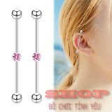  Khuyên tai industrial xỏ tai dài 2 lỗ thép titan đính đá 