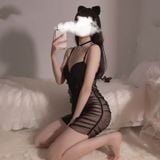  Thời trang đầm ngủ ôm body 2 dây lưới xuyên thấu hở eo 