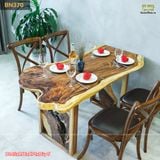 Bàn ăn gỗ me tây khung chân gỗ lũa