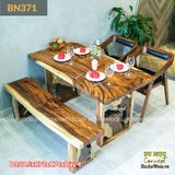 Bàn ăn gỗ me tây khung chân phù điêu