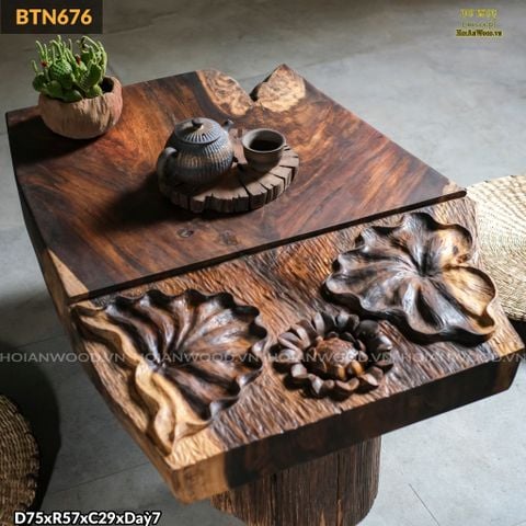 Bàn trà gỗ muồng đen điêu khắc hoa sen