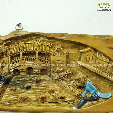 Tranh thiếu nữ thả hoa đăng cạnh chùa cầu