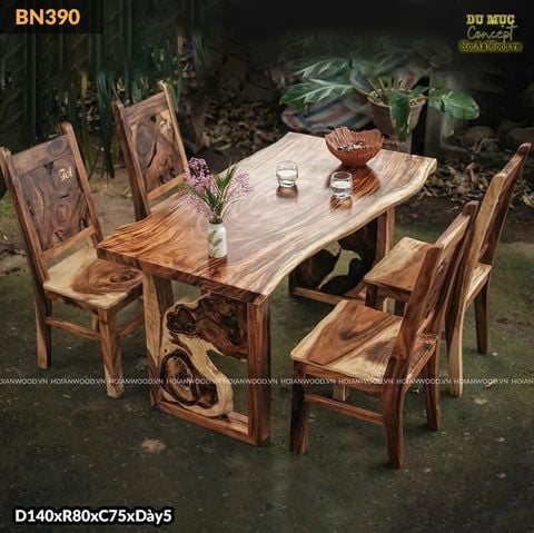 Bàn ăn gỗ me tây khung chân gỗ lũa