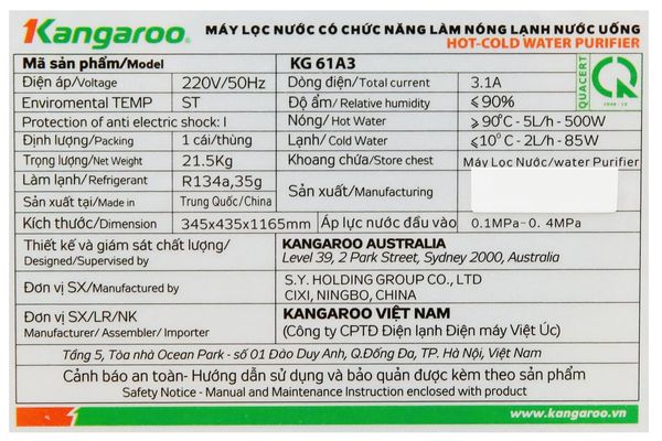 Máy lọc nước RO nóng lạnh Kangaroo 5 lõi KG61A3