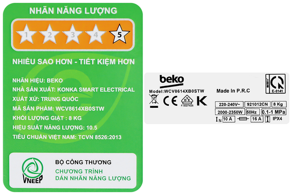 Máy giặt Beko Inverter 8 Kg WCV8614XB0STW