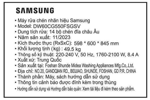 Máy rửa chén Samsung DW60CG550FSGSV