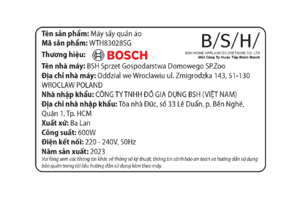 Máy sấy Bosch 8 Kg WTH83028SG