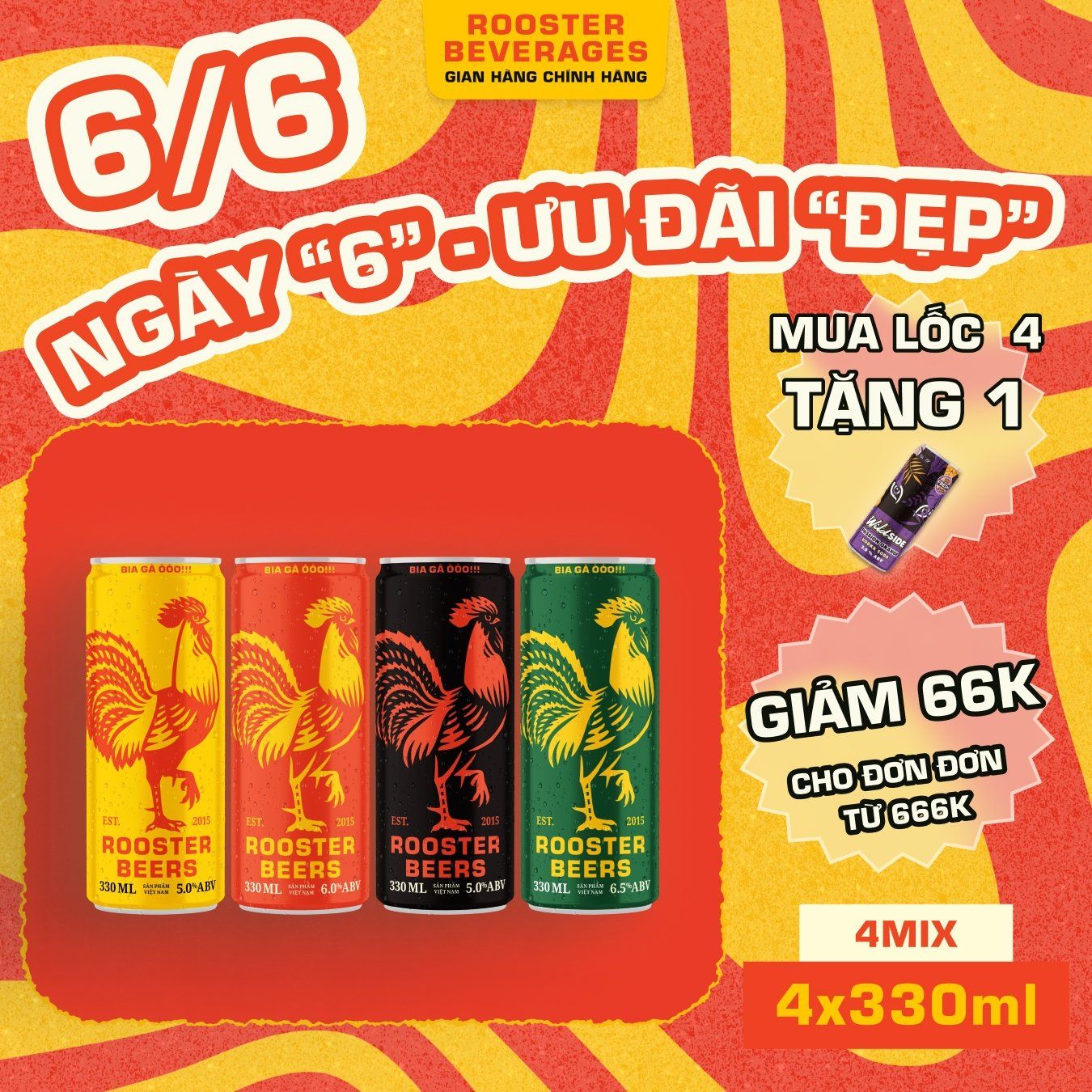  [TẶNG 1 LON WILDSIDE] Rooster Beers Sleek can Mix 4 Loại - Lốc 4 Lon Sleek (330ml) 
