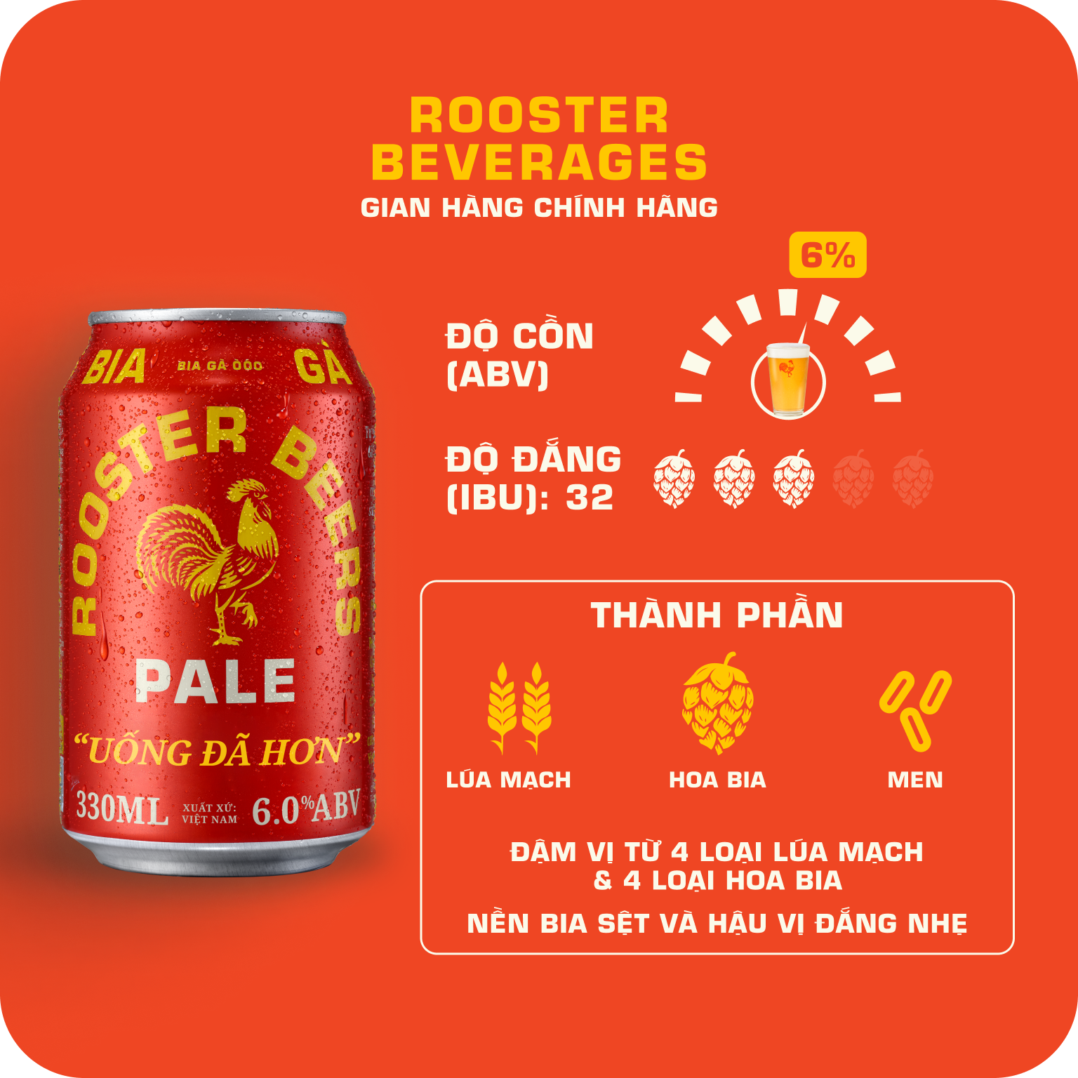  [TẶNG 4 LON SODA] Rooster Beers Pale - Thùng 12 Lon (330ml) 