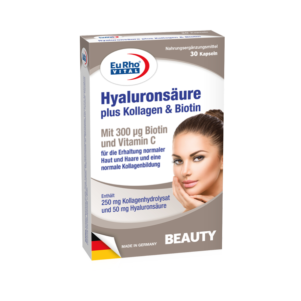  Thực phẩm bảo vệ sức khỏe: EuRho® Vital Hyaluronsäure plus Kollagen &  Biotin - Hỗ trợ dưỡng da căng bóng, ngừa lão hóa, giúp tóc và móng chắc khỏe 