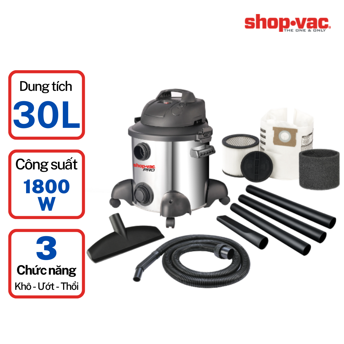  Máy hút bụi Shop Vac (Saigon Esco)  Khô/Ướt/Thổi 30L 1800W Thép Không Gỉ - 92722205 