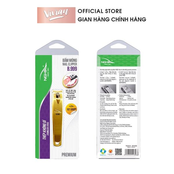 Bấm móng tay B.999 inox Kềm Nghĩa mạ vàng 24K lưỡi cong loại lớn