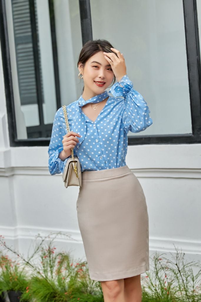  Áo Sơ Mi Lụa Chấm Bi Blue 