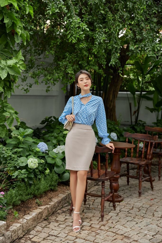  Áo Sơ Mi Lụa Chấm Bi Blue 