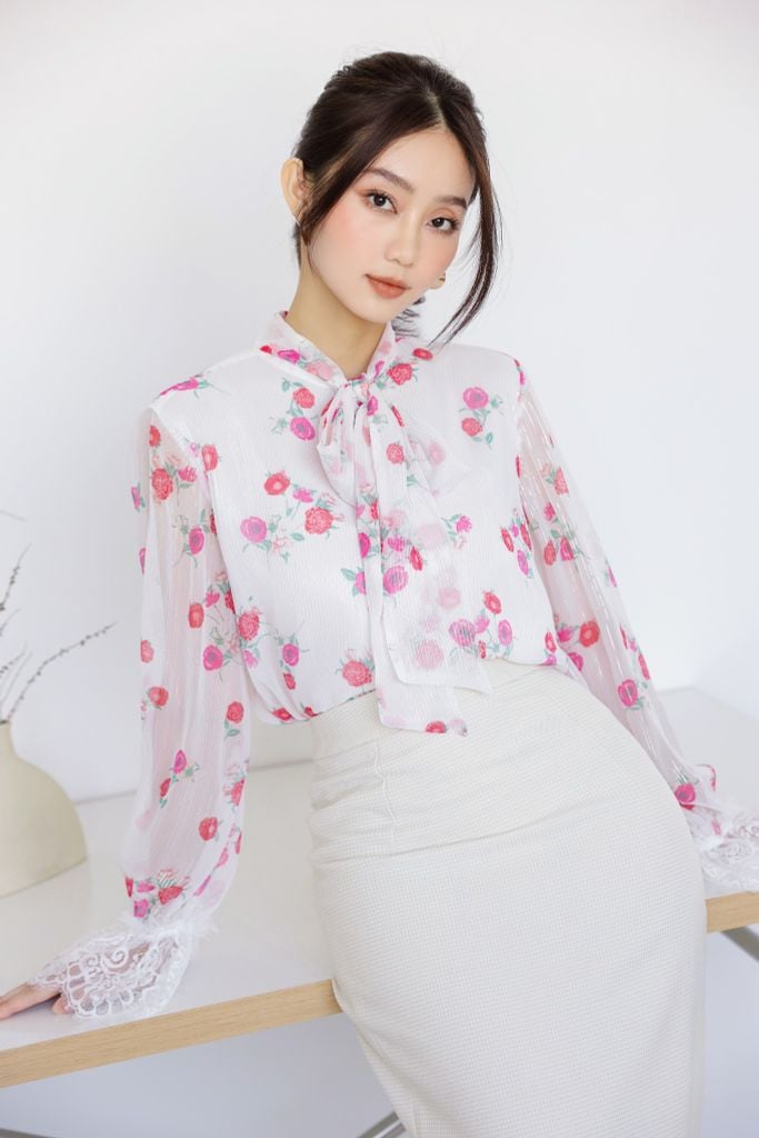  Áo Kiểu Cổ Nơ Tay Ren FAK030 