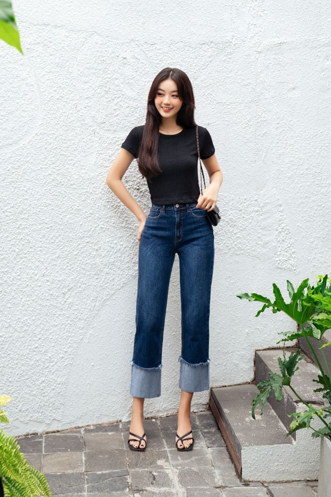  Quần Jean Ống Rộng Gấp Gấu YQJ021 