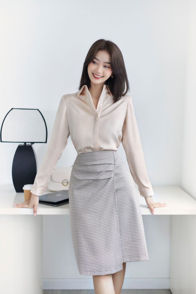 Set bộ cổ sen chân váy xòe hồng sen  3591 H