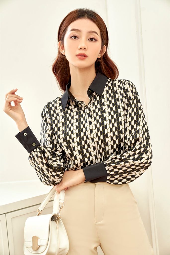  Áo Sơ Mi Lụa Trắng Đen Alice 