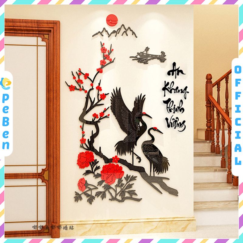  Tranh mica EPeBen dán tường nổi 3d hình chim hạc An Khang Thịnh Vượng decor trang trí Nhà Cửa, Phòng khách 