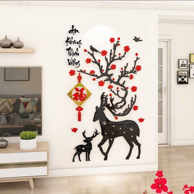  Tranh mica EPeBen dán tường nổi 3d hình chữ thư pháp tiếng Việt An Khang Thịnh Vượng trang trí Nhà Cửa hươu nai mùa xuân 