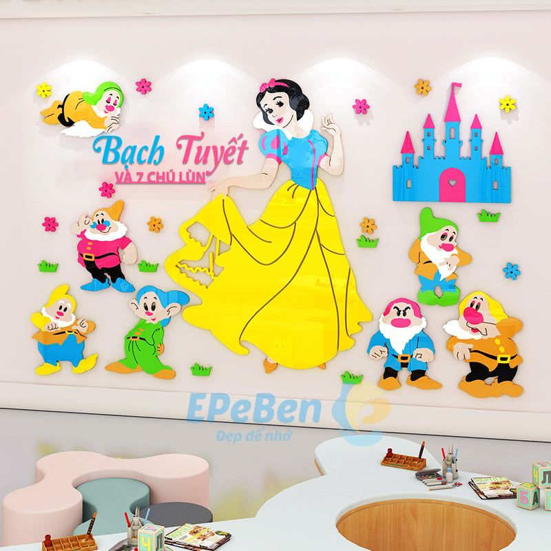  Nháp PCB311 - Tranh mica EPeBen dán tường nổi 3d hình Nàng Bạch Tuyết và 7 chú lùn decor trang trí phòng cho bé, mầm non, mẫu giáo 