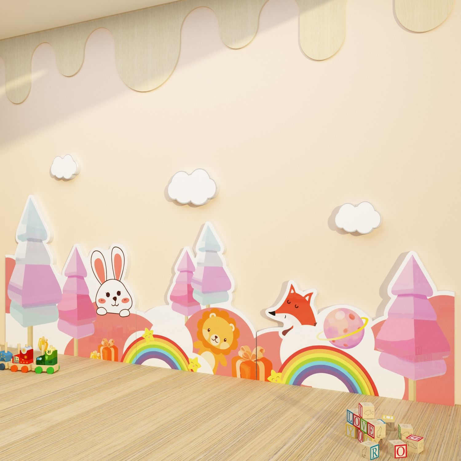  Tranh Fomex EPeBen dán tường nổi 3d Hình Khu vườn cầu vồng decor trang trí Phòng cho bé, Phòng Học, Mẫu giáo 