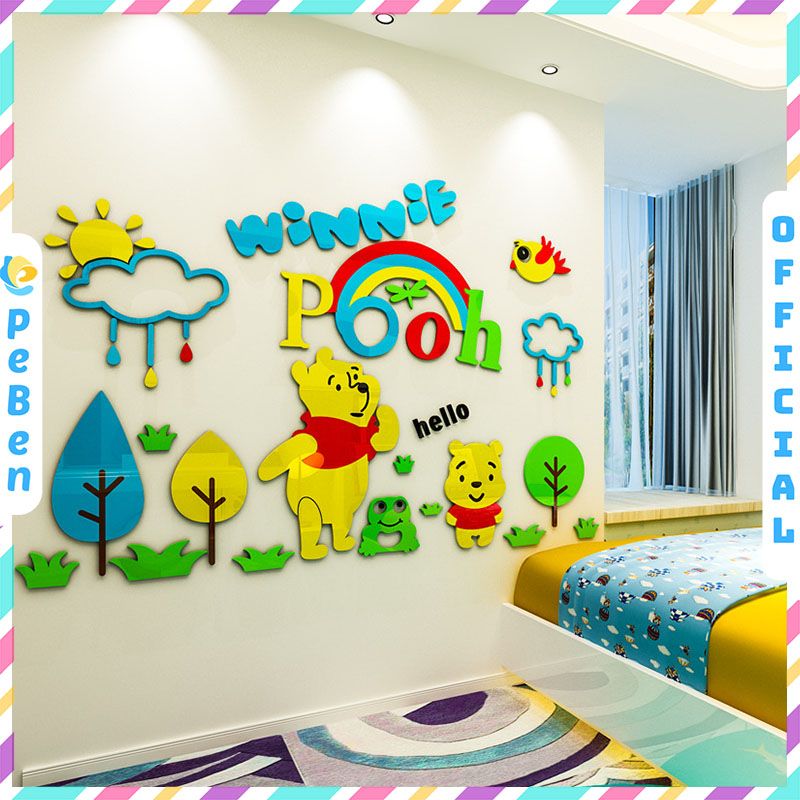  Tranh mica EPeBen dán tường nổi 3d hình gấu pu winnie the pooh dưới mưa decor trang trí mầm non, phòng cho bé 