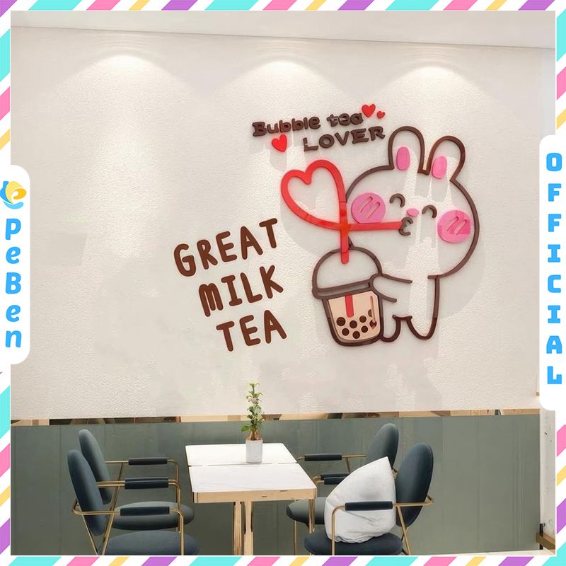  Tranh mica EPeBen dán tường nổi 3d hình Thỏ Yêu Thích Trà Sữa decor trang trí Quán trà sữa, cửa hàng café, quán nước 
